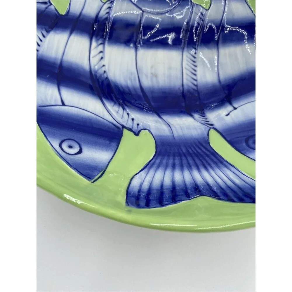 John Newdigate Ceramics West Elm Large Centerpiece Bowl Blue Green Fish 10.5”